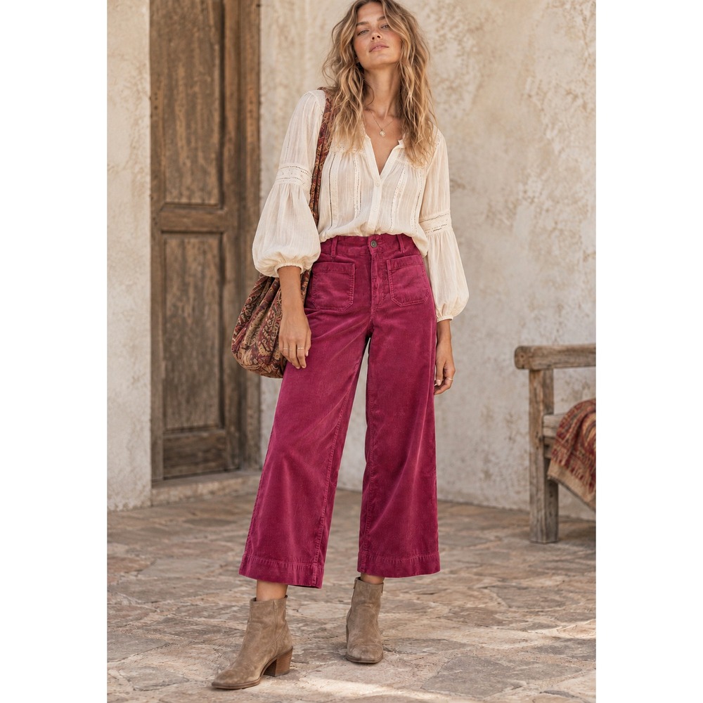 Maeve Anthropologie The Colette Pants Sz 23 Magenta Corduroy Wide Leg Crop